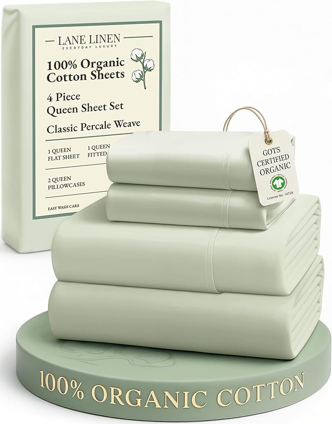 LANE LINEN 100% Organic Cotton Sheets Queen Size Bed Set, Machine Wash Eco Friendly Sustainably Produced Cotton Queen Sheet Set, Soft & Comfy Long Stabple Naturally Cooling Sheets– Mineral