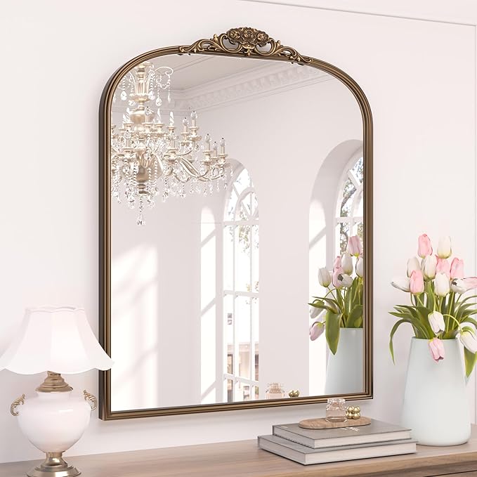 Keonjinn Gold Vintage Mirror 30" x 36", Antique Brass Mirrors for Wall Decor, Arched Decorative Mirror for Mantle, Hallway, Living Room, Fireplace, Bedroom, Bathroom Mirror with French Cleat Mounting