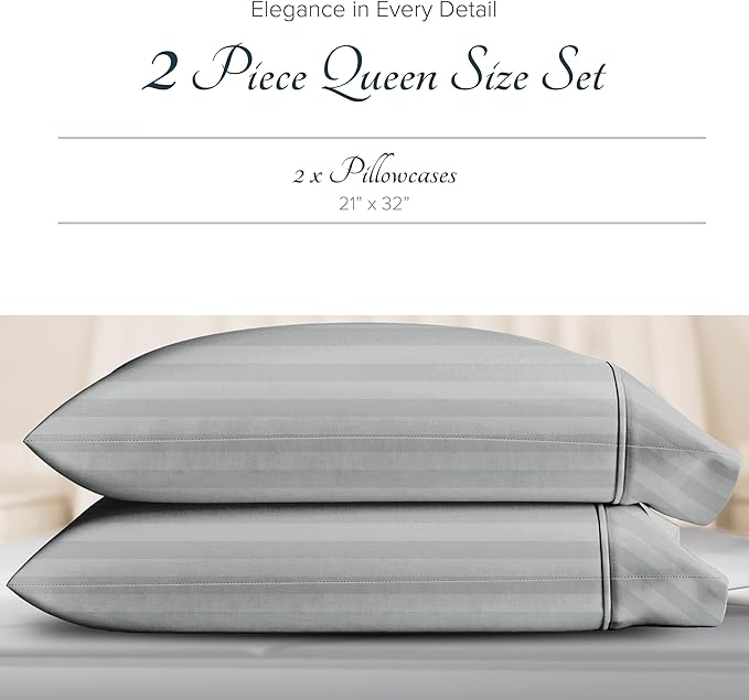Carressa Linen 100% Egyptian Cotton Pillow Cases Standard/Queen Size Set of 2 - Luxury 1500 Thread Count Sateen Silver Stripe Pillow Cases, Soft Cotton Pillowcases Fits Standard & Queen Pillows