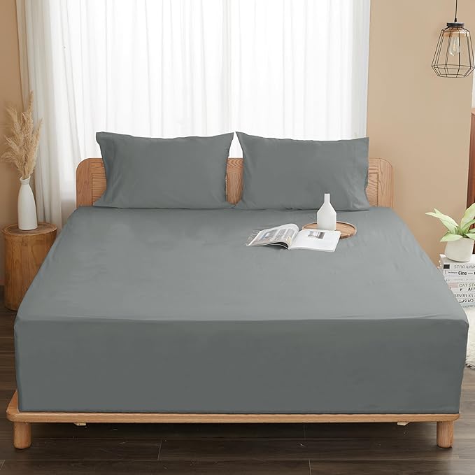Sunflower Full Fitted Sheet, 1-Piece Extra Deep Pocket Fitted Bottom Sheet 22", 100% Cotton Sateen Soft Breathable, Ultimate Gray