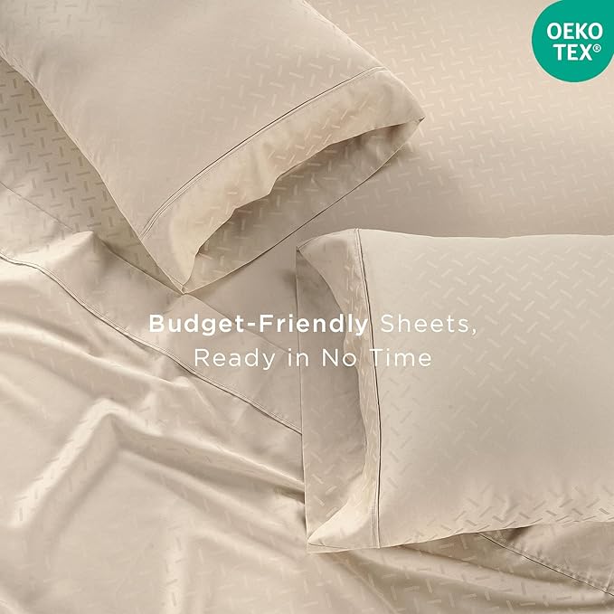 Threadmill Cotton Twin Sheet Set | 100% Cotton Sheets for Twin Size Bed | Damask Jacquard Sateen Bed Sheets Set with 16” Deep Pocket | Soft Breathable 3-Piece Cooling Sheet Set | Beige