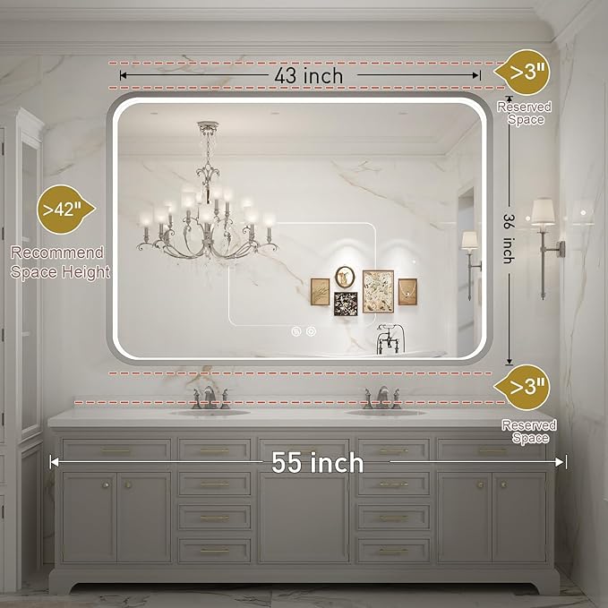 LED Bathroom Mirror with Lights,43x36 Inch Brushed Silver Framed Lighted Vanity Mirror,Anti Fog Stepless Dimmable Wall Mounted(Horizontal/Vertical)