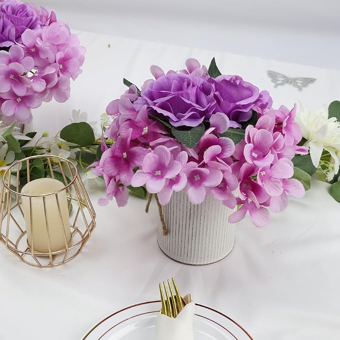 Flower Table Centerpieces - Set of 6 Floral Arrangement Artificial Wedding Hydrangeas Floral Arrangement with Rustic Metal Vase for Bridal Tea Party Event Decorations - Purple
