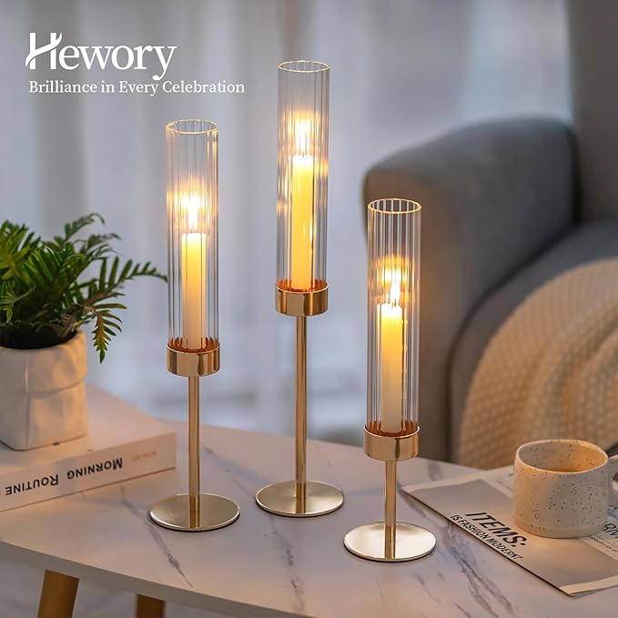 Hewory Gold Taper Candle Holders: Candlestick Holders Set of 3 Hurricane Glass Tall Candle Holder for Candlesticks Candle Sticks Holder Decor for Table Centerpiece Wedding Party Christmas Decorations