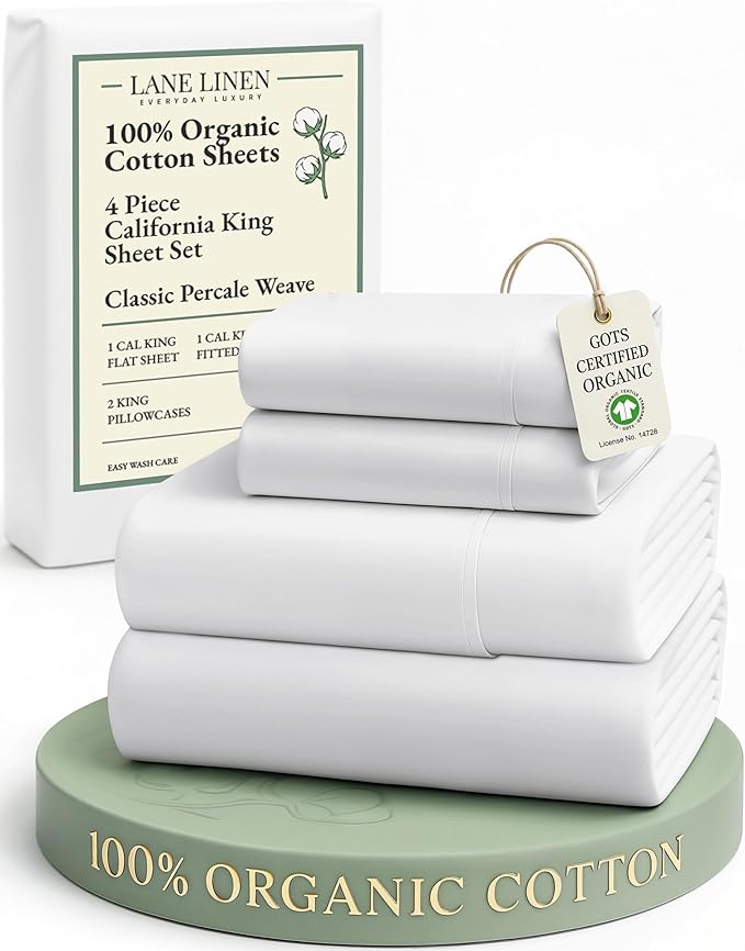 LANE LINEN 100% Organic Cotton California King Sheets Set, 4-Piece Pure Long Staple Percale Weave Ultra Soft Best Bedding Sheets for Bed, Fits Mattress Upto 15" Deep Cal King Sheets- White