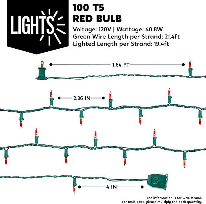 Joiedomi Red Christmas String Lights,100 Count 21.4FT Christmas Fairy Tree Lights Plug in for Indoor Outdoor Valentine's Day Xmas Decorations Patio Holiday Theme Party Yard House,Green Wire