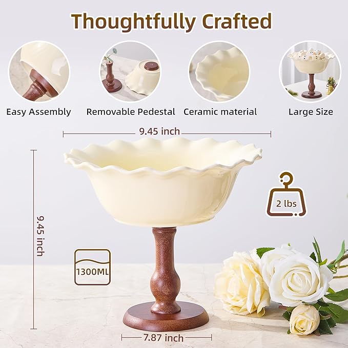 Vniltyc Ceramic Fruit Bowl for Kitchen Counter,Fruit Organizer Serving Bowls with Oak Wood Stand,Fruit Holder Big Bowl for Vegetable Storage,Home Decoration