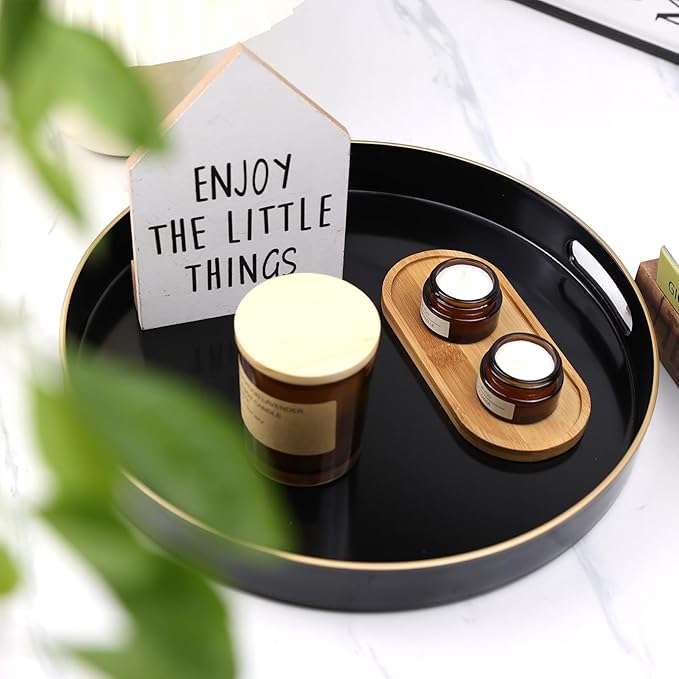 Black Round Decorative Tray with Handles, 13" Versatile Serving Tray for Coffee Table, Ottoman, Ideal for Serving, Displaying, Organizing