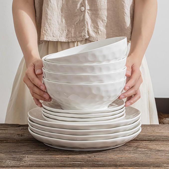 8 Inch Pasta and Salad Bowls, Serving and Soup Bowl Set, Microwave Safe Ceramic Plates, Set of 2, White