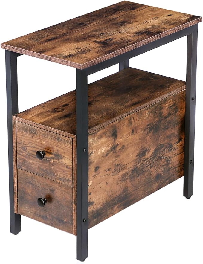 HOOBRO End Table, Narrow Chairside Table with Drawer and Open Storage Shelf, Nightstand for Small Spaces, Stable and Sturdy Construction, Wood Look Accent Furniture, Rustic Brown and Black BF548BZ01G2