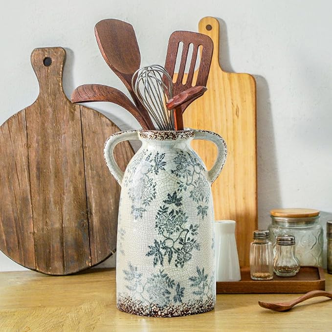 Enra Tall Vintage Blue and White Ceramic Vase with Handle, 11.2 Inch Chinoiserie Decorative Floral Vase, Large Rustic Ceramic Vase for Living Room, Office, Bookshelf, Home Decor