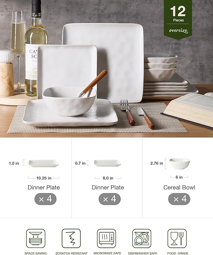 Famiware Dinnerware Sets for 4, Ocean Square 12-Piece Kitchen Plates and Bowls Sets, Microwave and Dishwasher Safe, Scratch Resistant, Matte White
