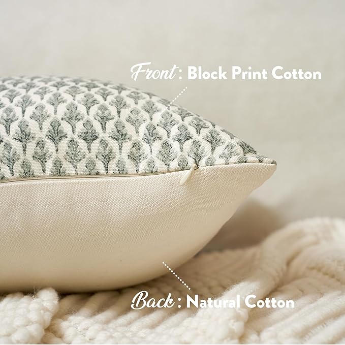 Floral Pillow Covers 18x18 Pillow Cover Block Print Couch Pillows for Living Room Decorative Neutral Accent Throw Pillow Covers, 1PC, Olive Green