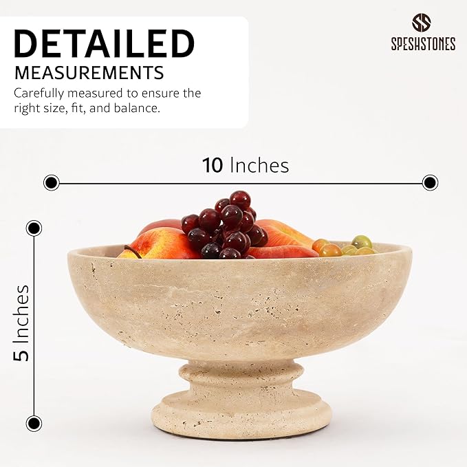 Marble Fruit Bowl 10 Inch Handmade Travertine Large Decorative Bowls for Kitchen Counter Decor - Pedestal Candy Bowl for Coffee Table, Entryway, Dining Table Centerpiece & Home Decor