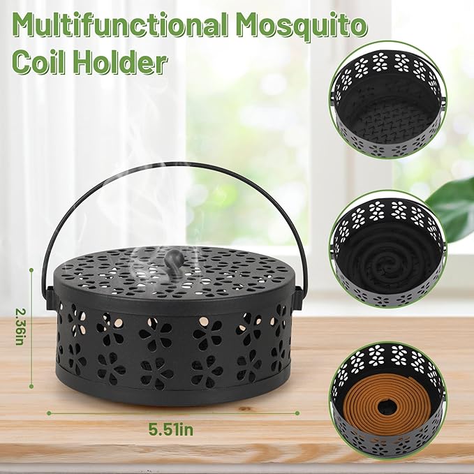 Portable Iron Mosquito Coil Holder with Handle Round Heat-Resistant Incense Holder (Black)