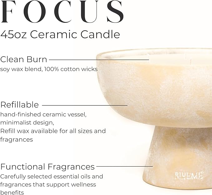 BLUEME Focus - Eucalyptus & Lime, Luxury Candle w/Essential Oils, 6 Wick, Hand-Poured Soy, Cotton Wick, Ceramic