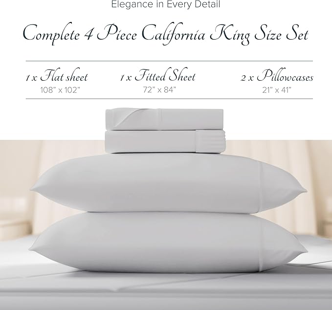 Carressa Linen 100% Egyptian Cotton Sheets California King Size - 1500 Thread Count 4 PC Cal King Sheets Egyptian Cotton, Cooling Sateen Sheets, High Thread Count Sheets California King - Light Grey