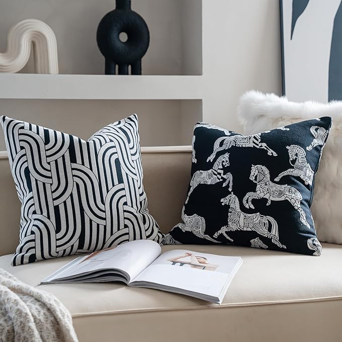 Premium Throw Pillow Covers 22x22 Inches - Art Arcmono Simply Wave Chenille Jacquard Embroidery Decorative Couch Pillow Covers for Living Room Bedroom Sofa Home Décor