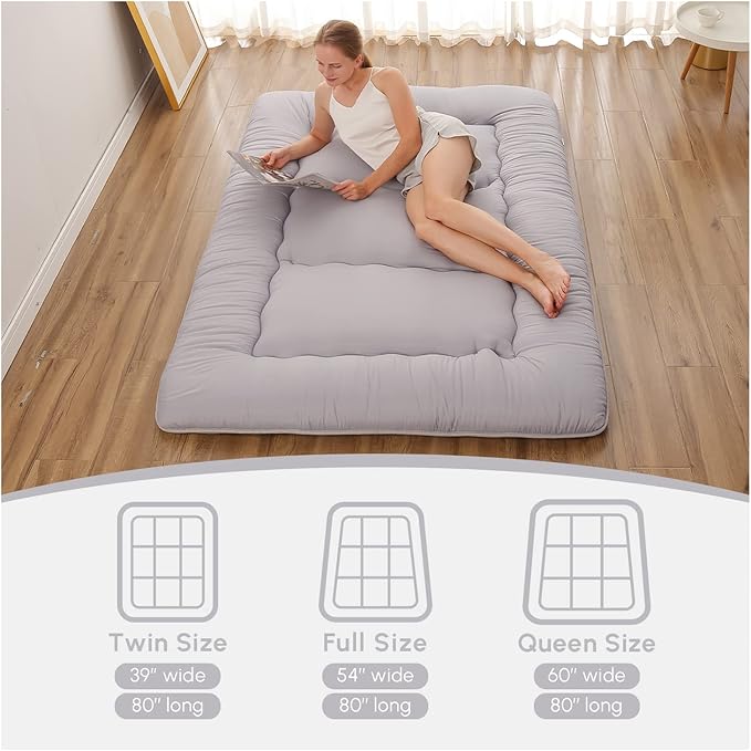 Japanese Floor Mattress, Futon Mattress with Portable Storage Bag and Washable Cover, Roll Up Thick Tatami Mat Suitable for Camping, Guest Room, Grey, Twin