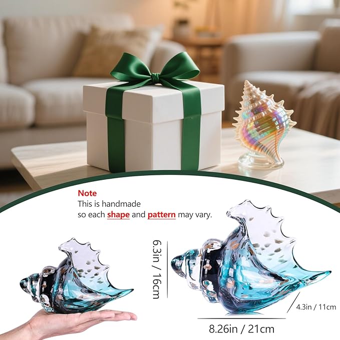 XMGZQ Hand Blown Glass Conch Statue,Sea Glass Art Figurine, Coastal Home Decor with Sea Shells, Living Room TV Stand Above Cabinet,Bookcase,Beach Decoration,Entryway Conch Horn Figurines