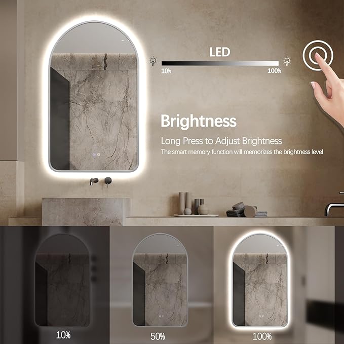 Arched LED Bathroom Mirror, 40"x24" Silver Framed Arch Backlit Mirror with Lights, Lighted Vanity Mirror for Wall, Anti-Fog, 3 Colors, Dimmable, Adjustable Brightness, Waterproof, UL Listed