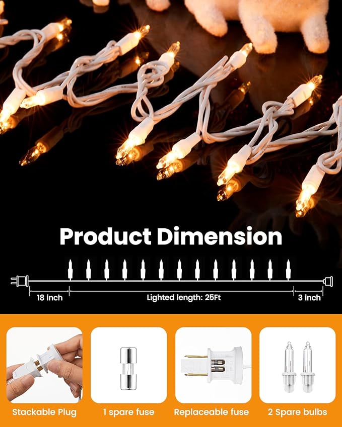 Minetom Clear Christmas String Lights 100 Count 26.5 Feet Incandescent Bulb Mini Lights for Indoor Xmas Tree Garland Birthday Wedding Party Festival Decoration, 2 Pack White Wire