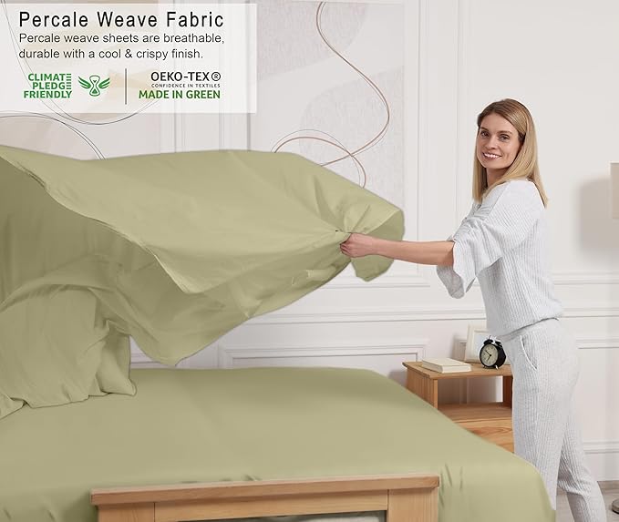 RUVANTI 100% Cotton Twin XL Sheet Sets, 3 Pieces, Soft & Breathable Percale Weave Bedding, Deep Pocket 16", Hotel Standard, Crisp Cool Feel, Durable, Perfect Size Dyed Sheets, Sage Green