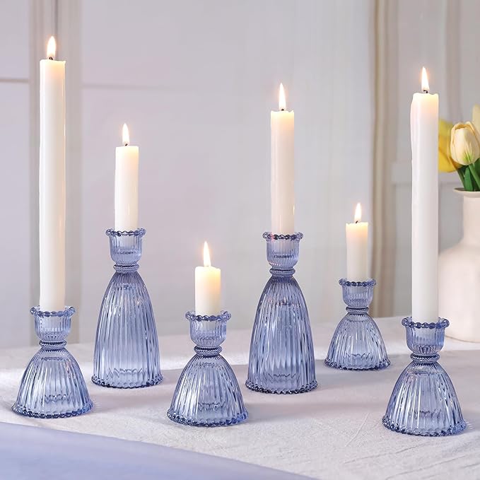 6 Pcs Blue Glass Candlestick Holders (3.5"/6", Assorted)- Tall Taper Candle Holders with Vintage Design, Candle Stick Holders in Bulk for Party Decorations, Blue Candle Holder for Tapered Candles