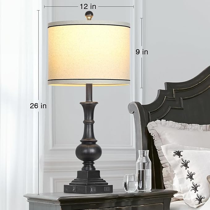 Farmhouse Lamps Set of 2, Vintage Rustic Black Table Lamps with USB A+C Fast Ports & AC Outlets, Traditional Nightstand Bedside Lamp for Living Room Bedrooms Home Office(2 LED Bulbs Included)