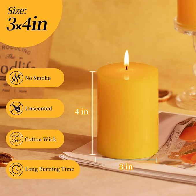 KONNI Yellow Pillar Candles Set of 3, 3"x 4" Unscented Pillar Candles Bulk, 39 Hours Long Burning Candles, Smokeless&Dripless Large Round Candle for Wedding, Home Decoration, Parties, Spas, Dinner
