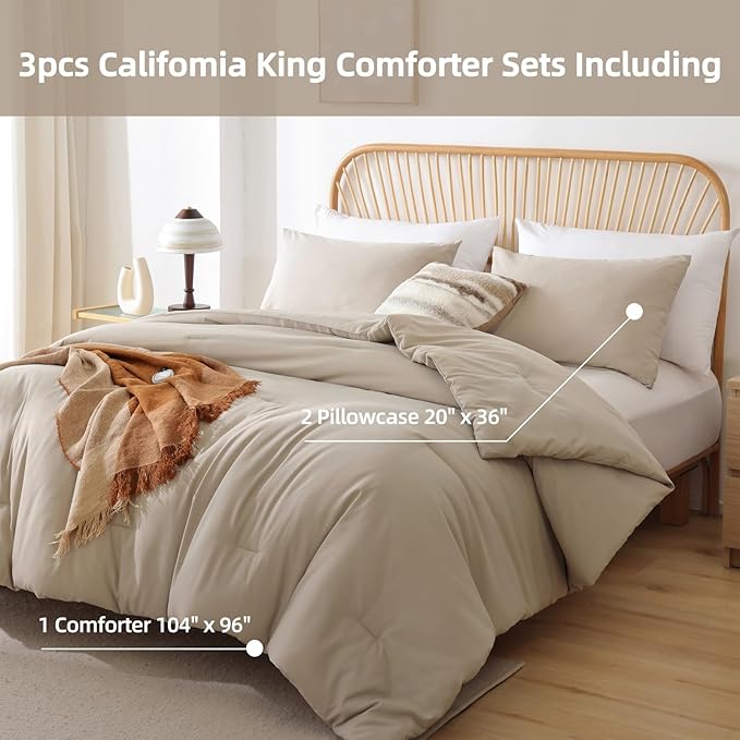 ROSGONIA California King Comforter Set Light Khaki, 3pcs (1 Boho Cal King Comforter & 2 Pillowcases) All Season Lightweight Bedspread Bedding Blanket
