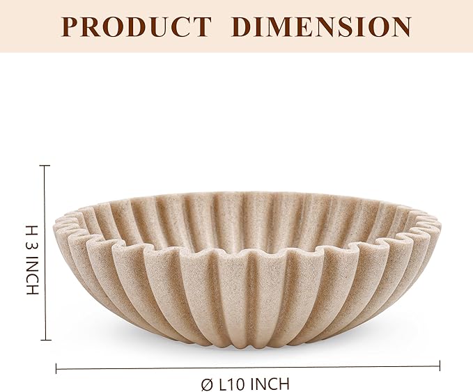 Large Decorative Bowl, Modern Handicraft Bowls for Home Decor, Decorative Fruit Bowl for Kitchen Counter, Ruffle Decor, Stylish Key Bowl for Entry Table, Artificial Stone Beige
