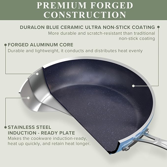 Nuwave Healthy Duralon Blue Ceramic Nonstick Cookware Set, Diamond Infused Scratch-Resistant, PFAS Free, Dishwasher & Oven Safe, Induction Ready & Evenly Heats, Tempered Glass Lids & Stay-Cool Handles