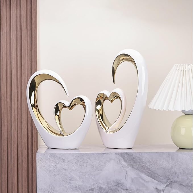 LCCCK Porcelain Double Heart Decor,White and Gold Sculpture Home Decor for Living Room Entryway Coffee Dining Table Shelves, Wedding Anniversary, Valentine's Gift for Couples & Lovers Modern