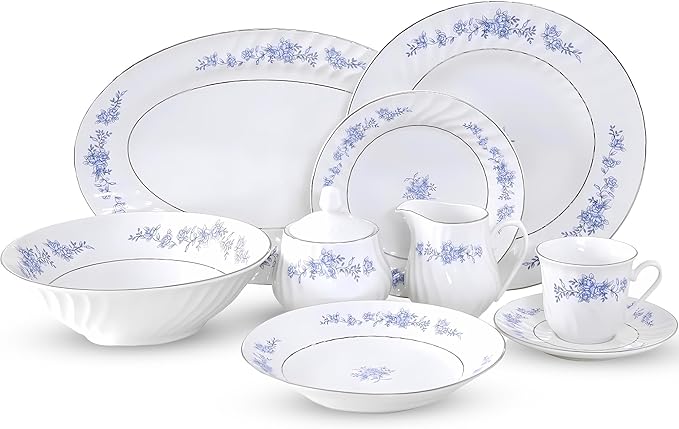 Lynns Paradise Royal Rose Floral 45-Piece Dinnerware Set | Silver Trim | Embossed Swirl | Plates & Bowls Sets | Apartment Essentials | Home Kitchen Accessories | Floral Print