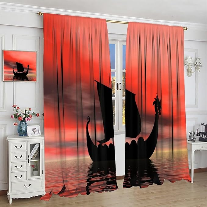 Viking Ship Curtains, Fantasy Ocean Vintage Sailboat at Sundown Nautical Themed Print Blackout Window Treatments for Boys Bedroom Living Room 42x45 Inch