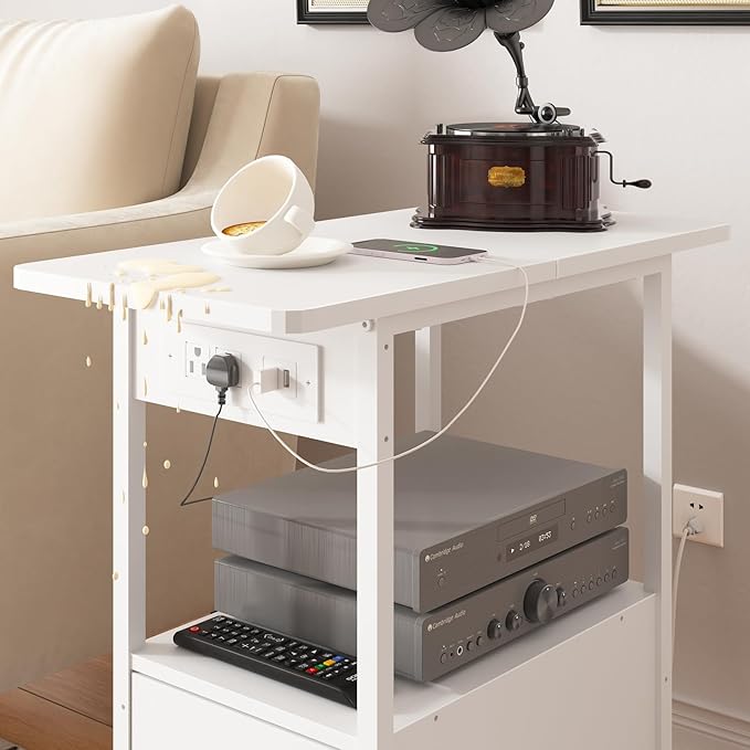 LIDYUK End Table with Charging Station, Narrow Side Table with Drawer and USB Ports & Power Outlets, Nightstand Bedside Tables for Small Spaces, Bedroom, Living Room, White
