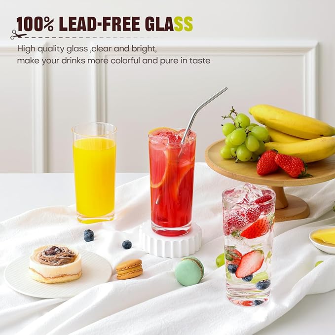 Highball Glasses Set of 12, 16oz Tall Drinking Glasses, Water Glass for Kitchen, Tom Collins Glasses, Mojito Glass Cups, Cocktail Glasses for Bar Glassware