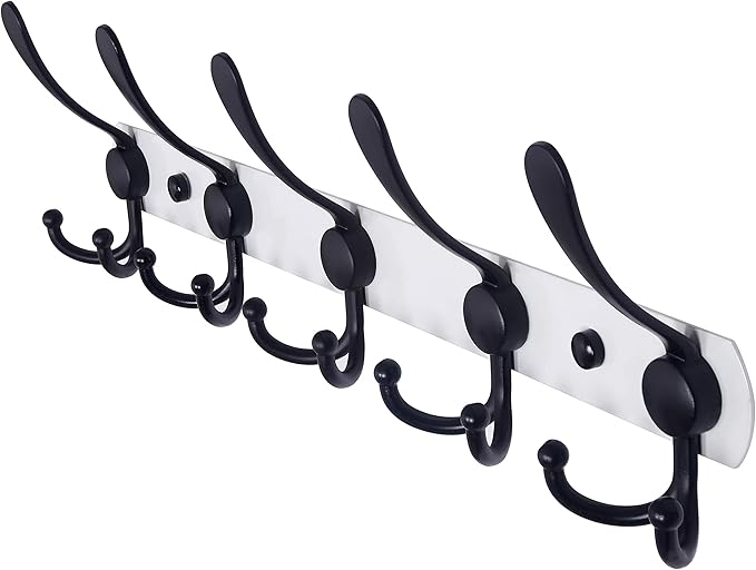 Dseap Wall Mounted Coat Rack - 5 Tri Hooks, Heavy Duty, Stainless Steel, Metal Coat Hook Rail for Coat Hat Towel Purse Robes Mudroom Bathroom Entryway,White & Black