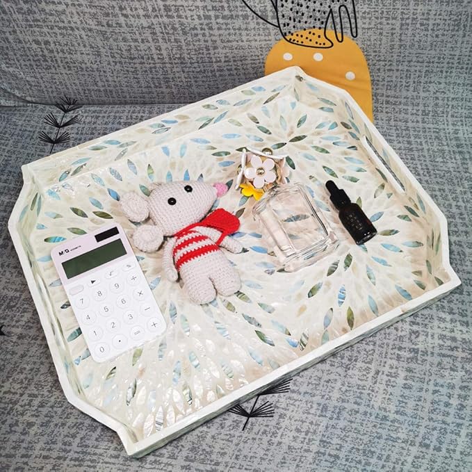 i-lan Mother of Pearl Inlay Serving Tray with Handles for Cocktail Ottoman,Coffee Table,Large Polygon Vintage Handcrafted Wooden Decorative Tray for Party, Food Serving, Breakfast, Dinner, Appetizers