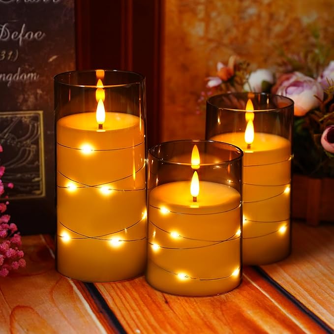 Flameless LED Candles with Timer 3 Pc Flickering Flameless Candles for Romantic Ambiance and Home Decoration Stable Acrylic Shell,with Embedded Star String，Battery Operated Candles（Grey）