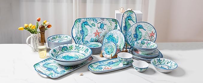 LEHAHA Extra larger Melamine serving bowl set, Coastal 13.75 Inch 130 Oz Large Fruit Bowl, Pasta Bowl, Set of 2, Serving Dishes for Entertaining, Vibrant Color Large Bowl for Party…