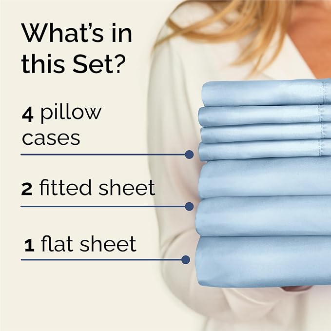Split King Sheets Set 7 Piece - Includes 4 Pillowcases - Bed Sheets Split King - Soft Hotel Luxury Bedding - Cooling, Cozy & Breathable - 1 Flat & 2 Fitted & 4 Pillowcases w/ Deep Pockets - Baby Blue