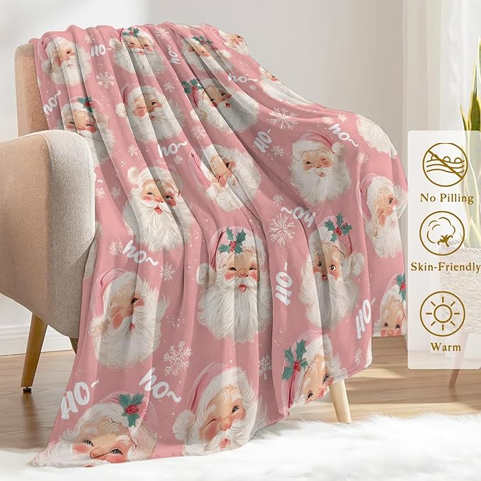 Christmas Decorative Blanket, Vintage Santa Face and Snowflake Print Throw Decoration, Soft Flannel Winter Blankets for Couch Bed Sofa, Holiday Home Decor, Xmas Festival Gifts Pink 50x60 Inch