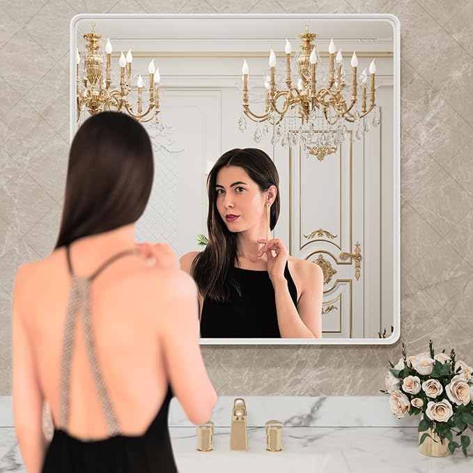 LOAAO 30x30 Inch White Metal Framed Bathroom Mirror for Wall, White Bathroom Vanity Mirror Farmhouse, Large Rounded Rectangle Mirror, Anti-Rust, Hangs Horizontally or Vertically