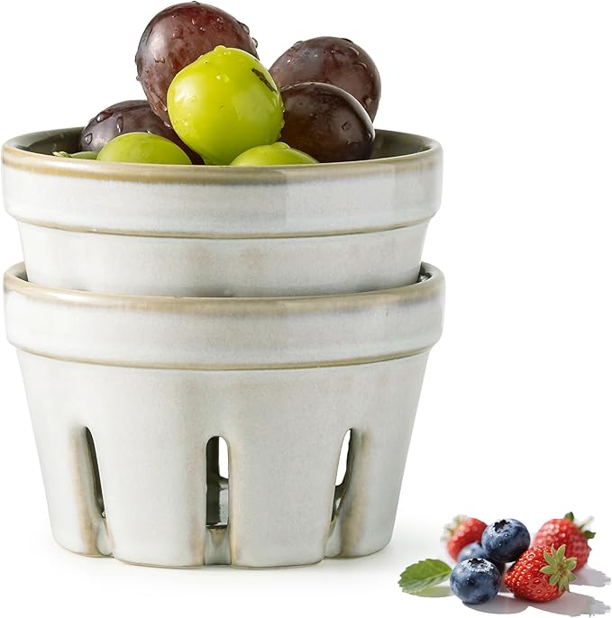 Gomakren Ceramic Fruit Basket Set of 2, Round Fruit Bowl with Holes, Small Berry Basket Containers for Kitchen Counter, Berries, Strawberry, Grape, Cherry, White