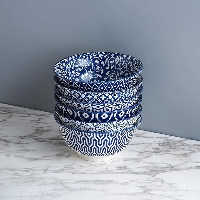 Selamica 7 inches Porcelain Cereal Bowl Set - Set of 6, Soup Bowls, Ceramic bowls for Cereal, Soup, Salad and Pasta, Vintage Blue