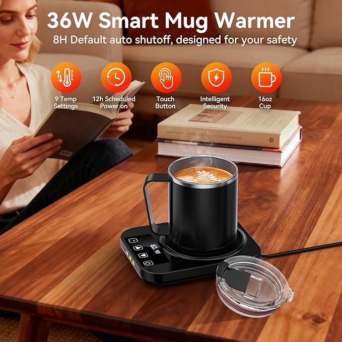 Coffee Mug Warmer & Mug Set for Desk, 36W Electric Coffee Cup Warmer with 16oz Cup, 9 Temp Settings Auto Shut Off Heated Mug Plate for Home Office Desk Accessories, Gifts for Coffee Lovers, Black