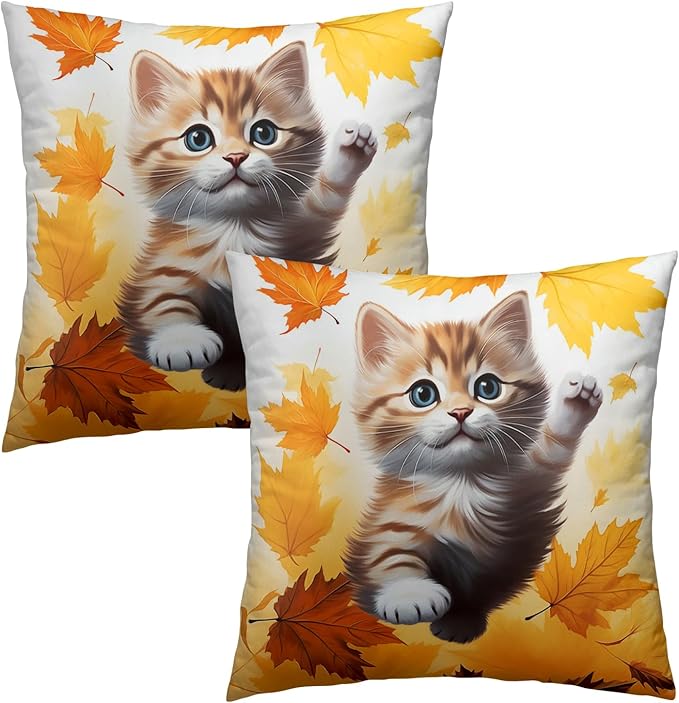 Fall Cat Throw Pillow Covers - Kitten Throw Pillow Covers Set of 2 Maple Leaf Pillows Case 20x20 Inch Autumn Pet Decorative Pillowcase for Bed Living Room Outdoor