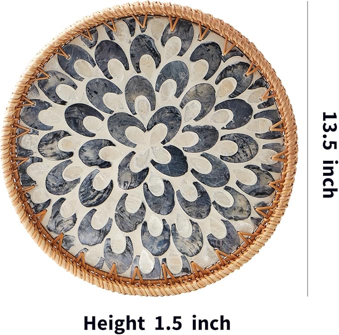 Round Rattan Tray with Mother of Pearl Inlay, Rattan Serving Tray with Wooden Base, Decorative Wicker Basket for Table Decor, Storage and Display of Coffee Bread Food Fruit (Plume 13.5")